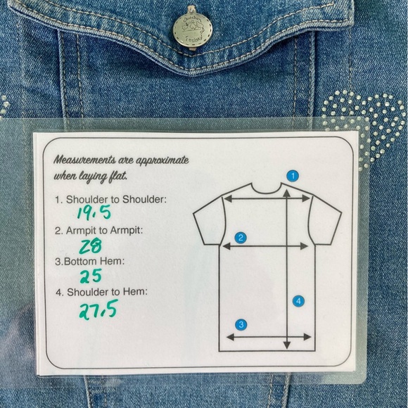 Quacker Factory Blue Jean Denim Jacket Rhinestone Hearts Detail (Size 1X) - Picture 10 of 12